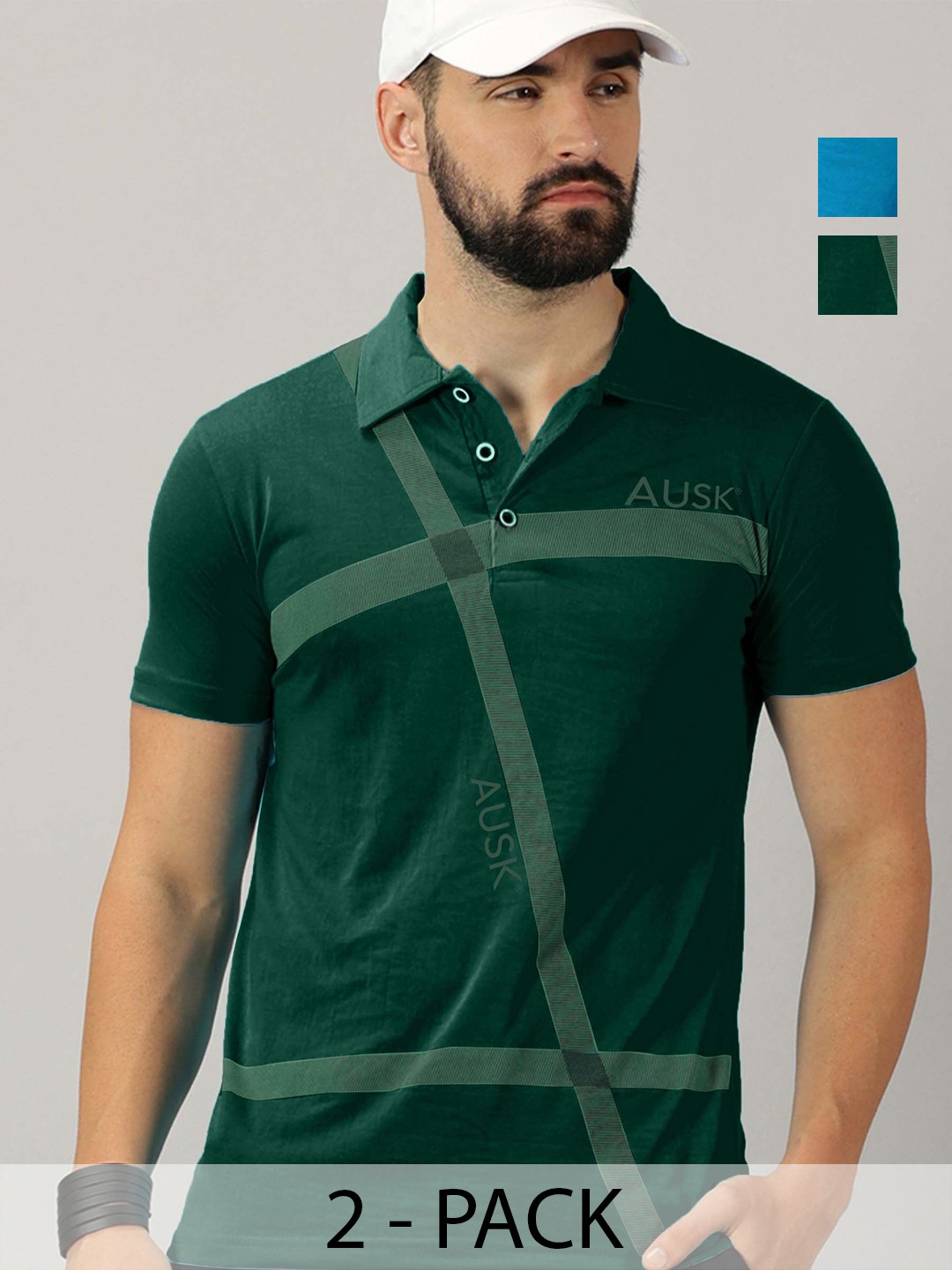 

AUSK Men Pack Of 2 Striped Polo Collar Cotton T-shirts, Turquoise blue