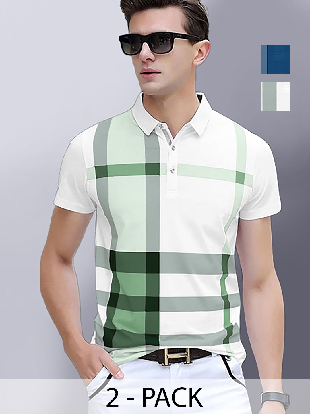 

AUSK Men Pack Of 2 Checked Polo Collar Cotton T-shirts, Teal