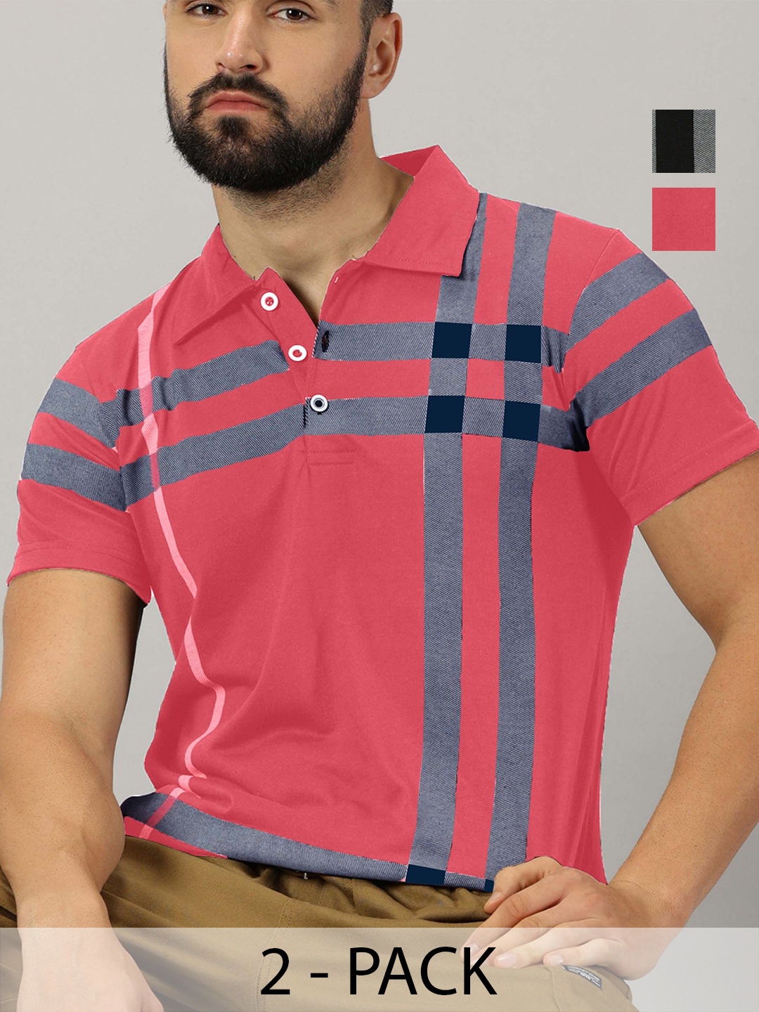 

AUSK Men Pack Of 2 Checked Polo Collar Cotton T-shirts, Pink