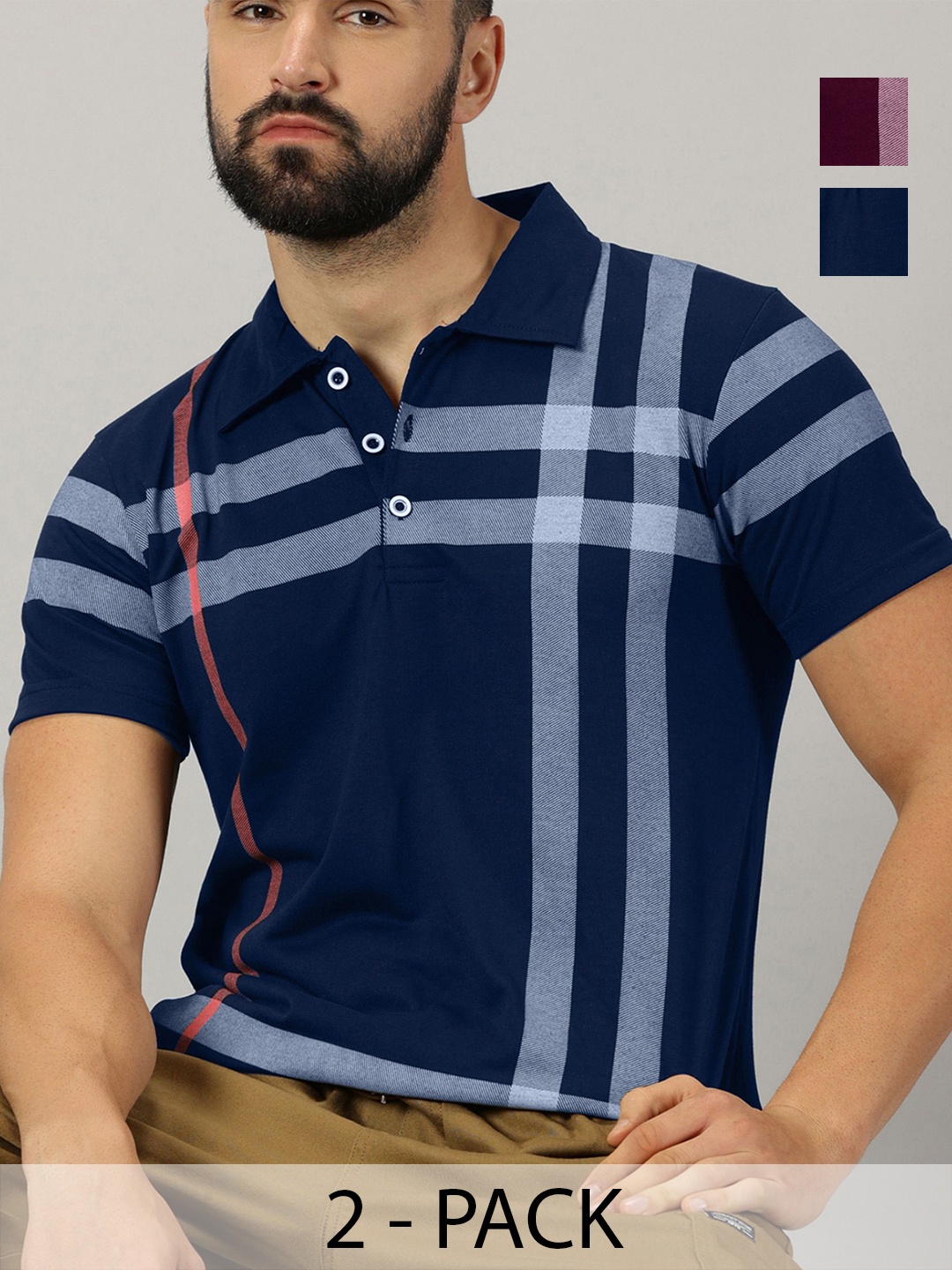 

AUSK Men Pack Of 2 Checked Polo Collar Slim Fit Cotton T-shirts, Navy blue