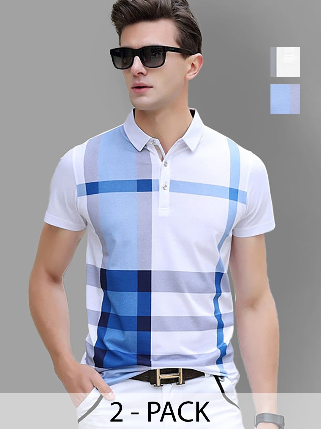 

AUSK Men Pack Of 2 Checked Polo Collar Cotton T-shirts, White