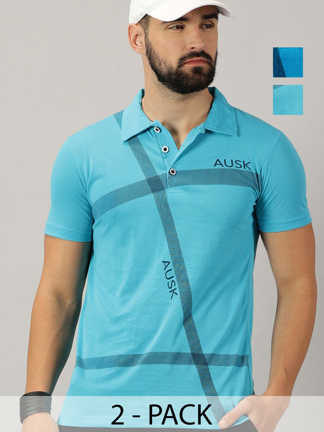 

AUSK Men Pack Of 2 Geometric Printed Polo Collar Cotton T-shirts, Blue
