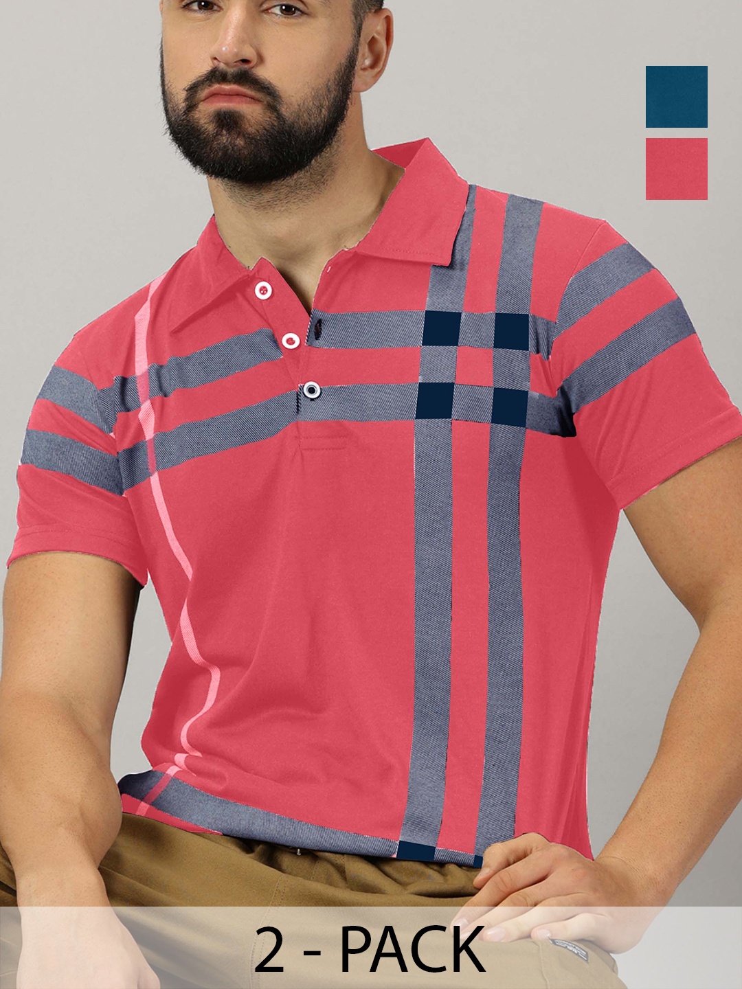 

AUSK Men Pack Of 2 Checked Polo Collar Cotton T-shirts, Pink