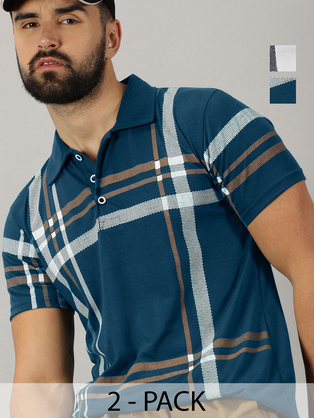 

AUSK Men Pack Of 2 Checked Polo Collar Cotton T-shirts, Teal