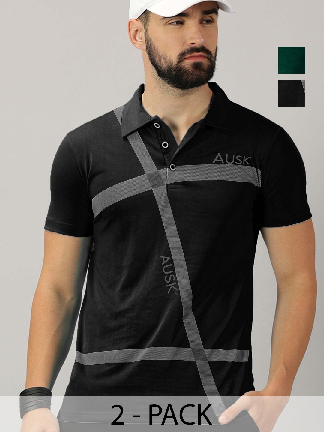 AUSK Men Pack Of 2 Striped Polo Collar Cotton T-shirts, Green
