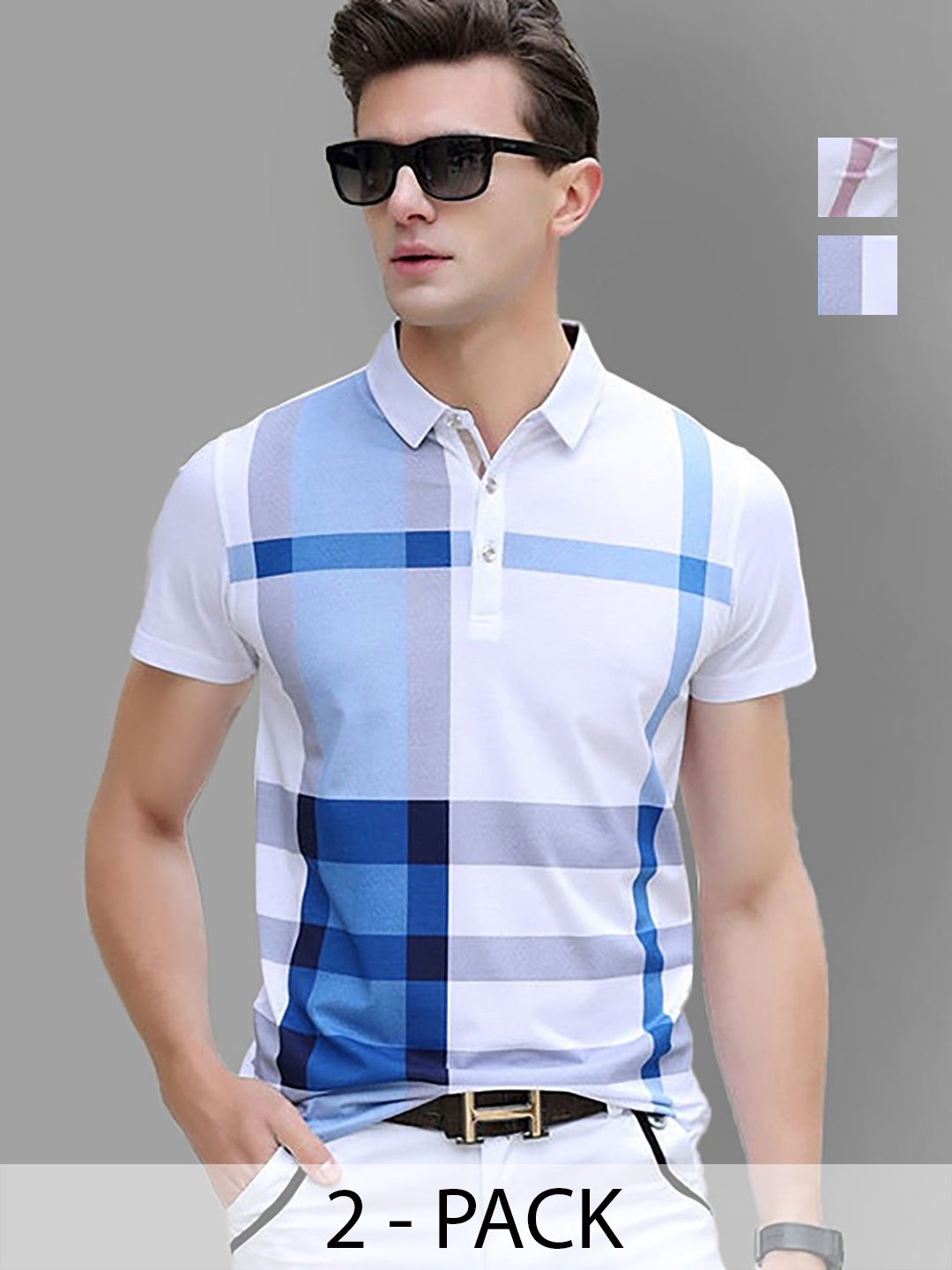 

AUSK Men Pack Of 2 Checked Polo Collar Cotton T-shirts, White