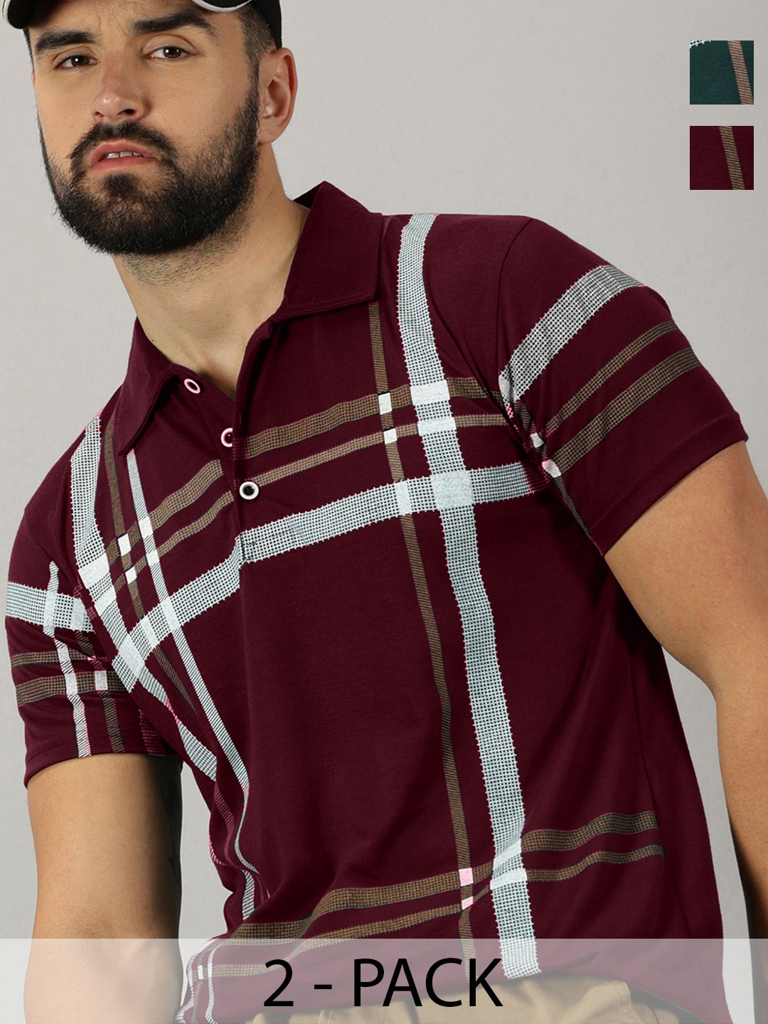 

AUSK Men Pack Of 2 Checked Polo Collar Cotton T-shirts, Maroon
