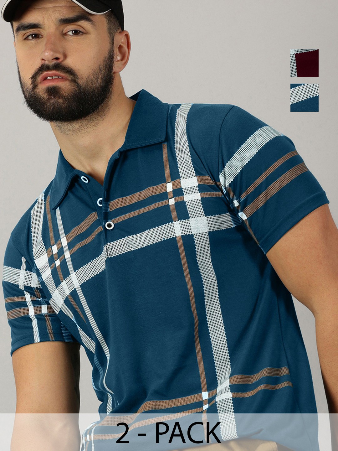 

AUSK Men Pack Of 2 Checked Polo Collar Slim Fit Cotton T-shirts, Teal