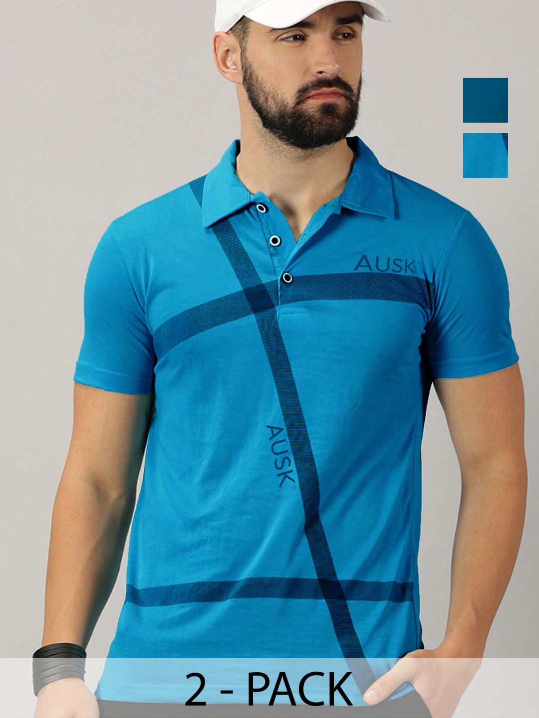 

AUSK Men Pack Of 2 Striped Polo Collar Cotton T-shirts, Turquoise blue