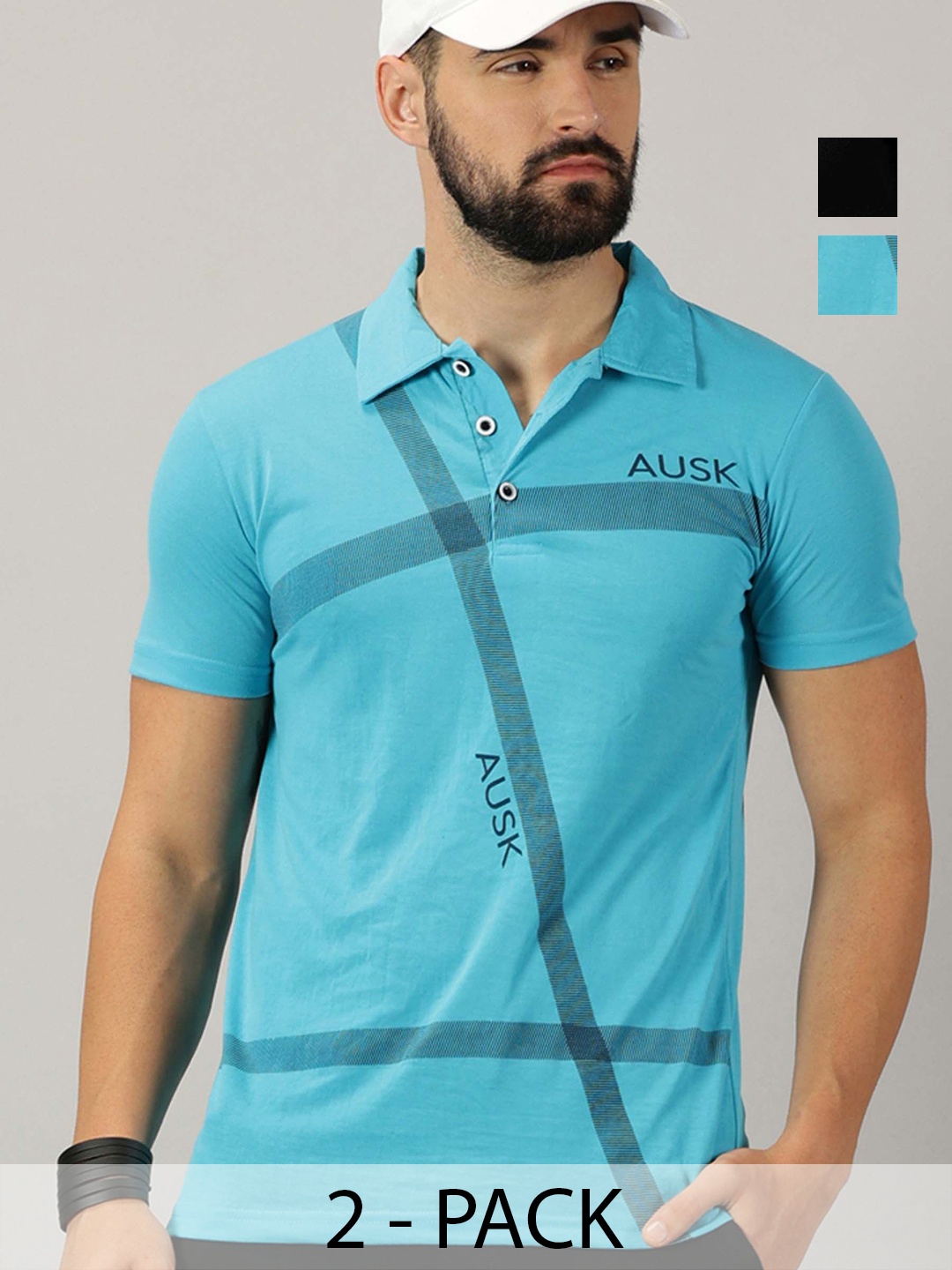 

AUSK Men Pack Of 2 Striped Polo Collar Cotton T-shirts, Turquoise blue