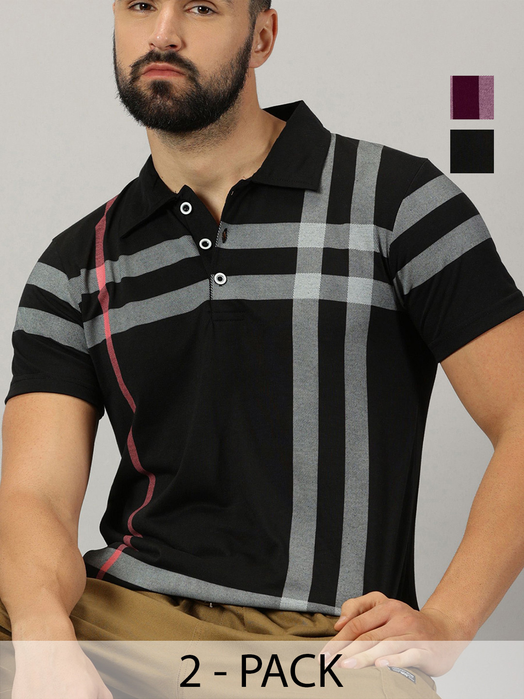 

AUSK Men Pack Of 2 Checked Polo Collar Cotton T-shirts, Burgundy