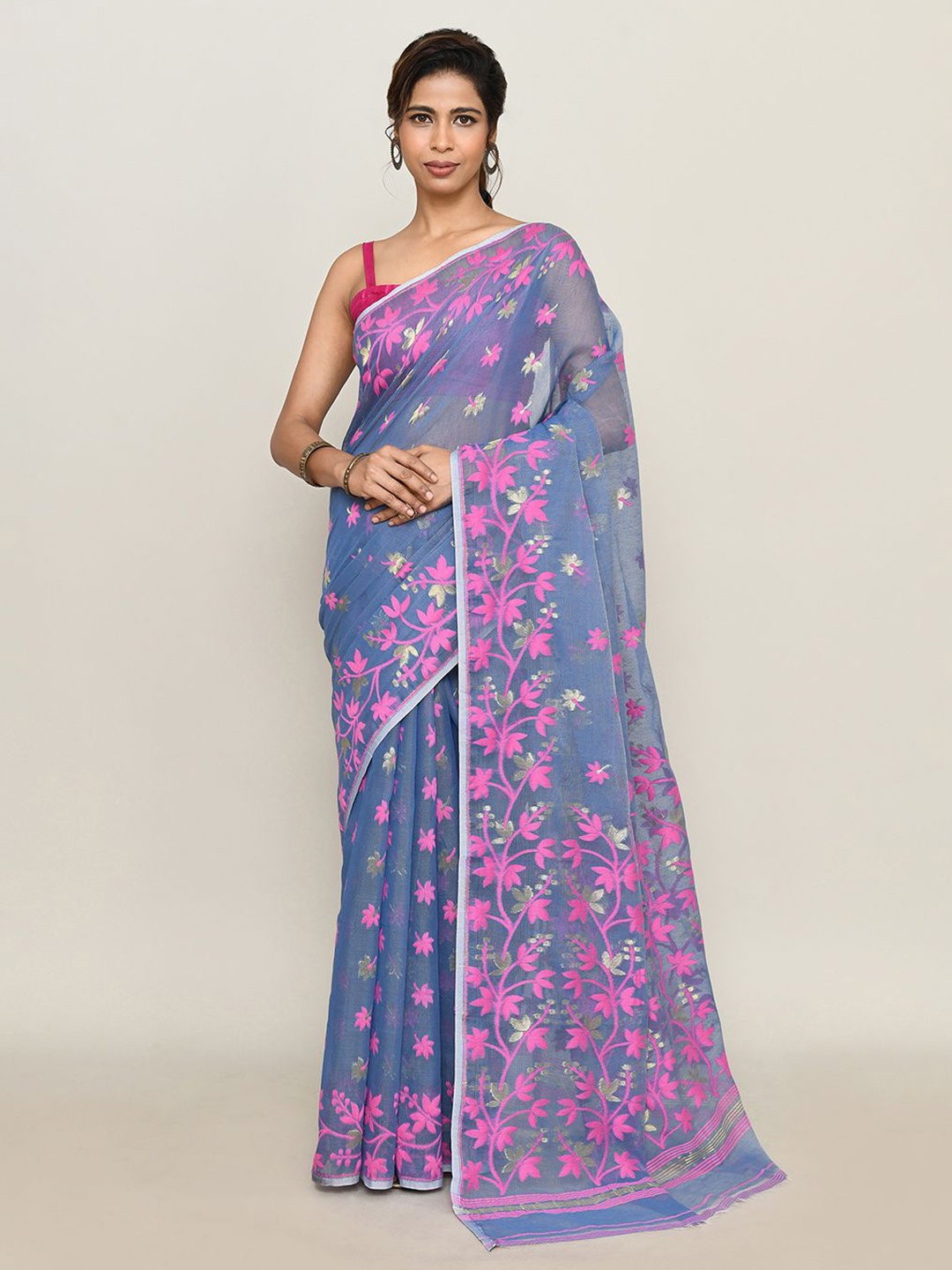 

SPRISH Floral Printed Pure Cotton Jamdani Saree, Purple