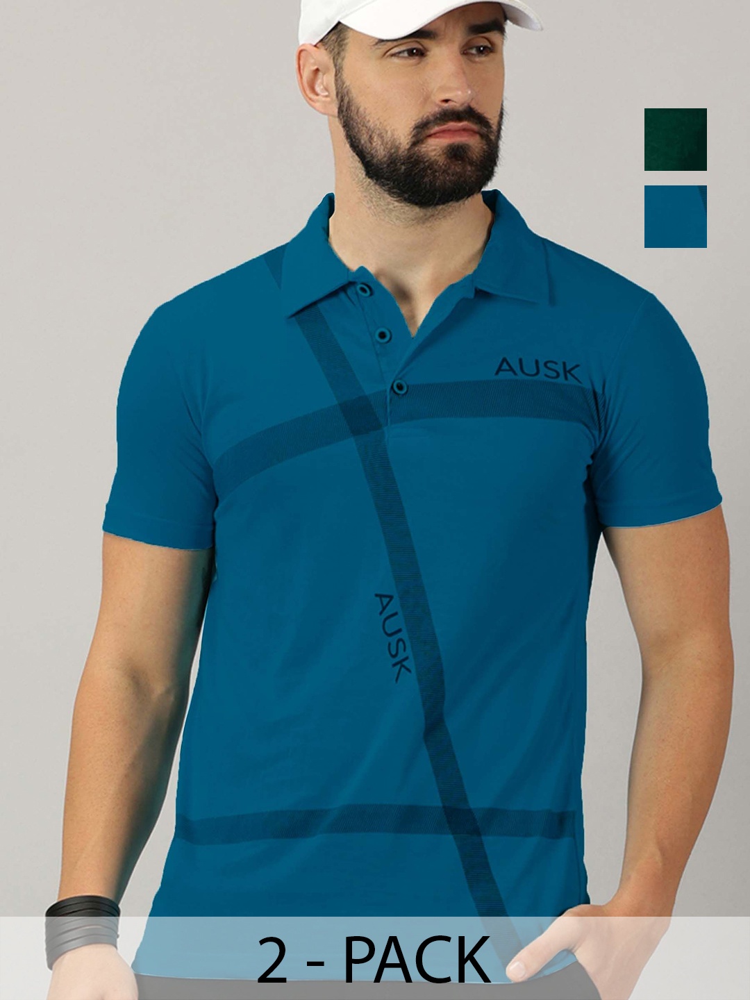 

AUSK Men Pack Of 2 Striped Polo Collar Cotton T-shirts, Teal