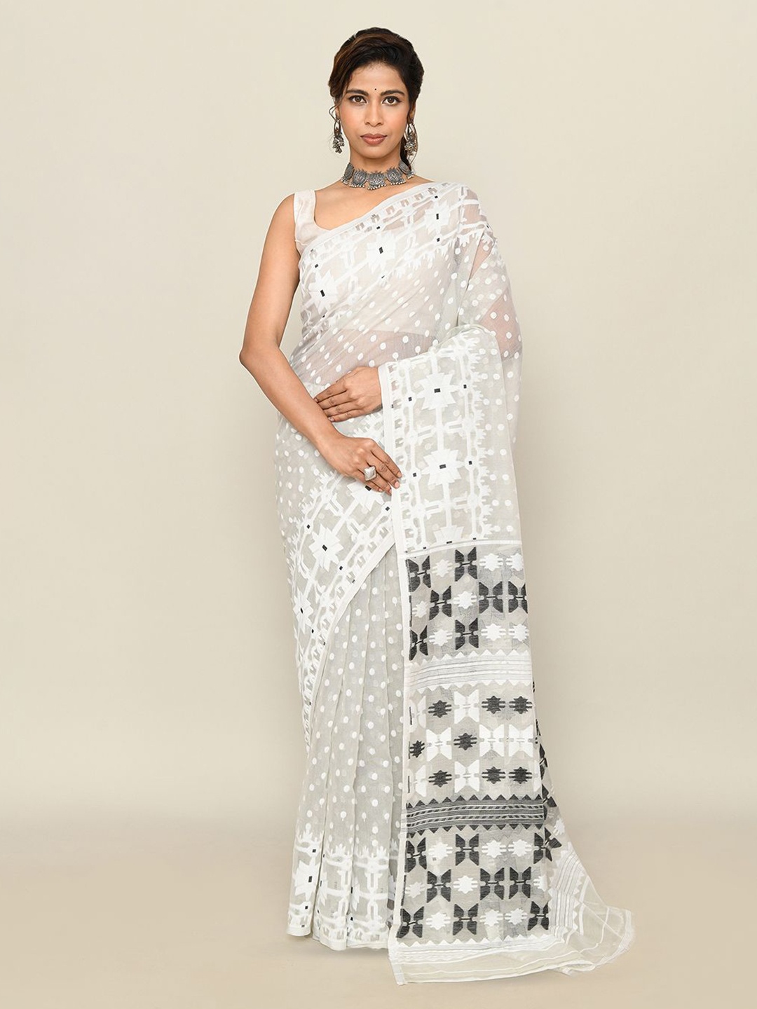 

SPRISH Ethnic Motifs Pure Cotton Jamdani Saree, Off white