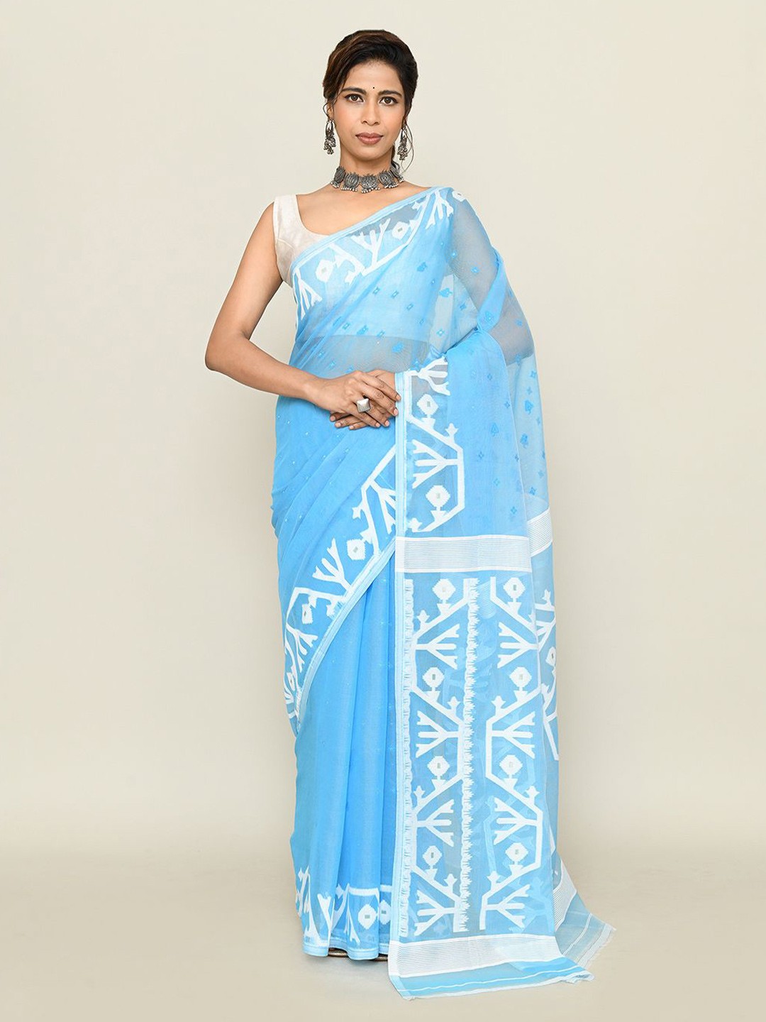 

SPRISH Ethnic Motifs Printed Pure Cotton Jamdani Saree, Blue