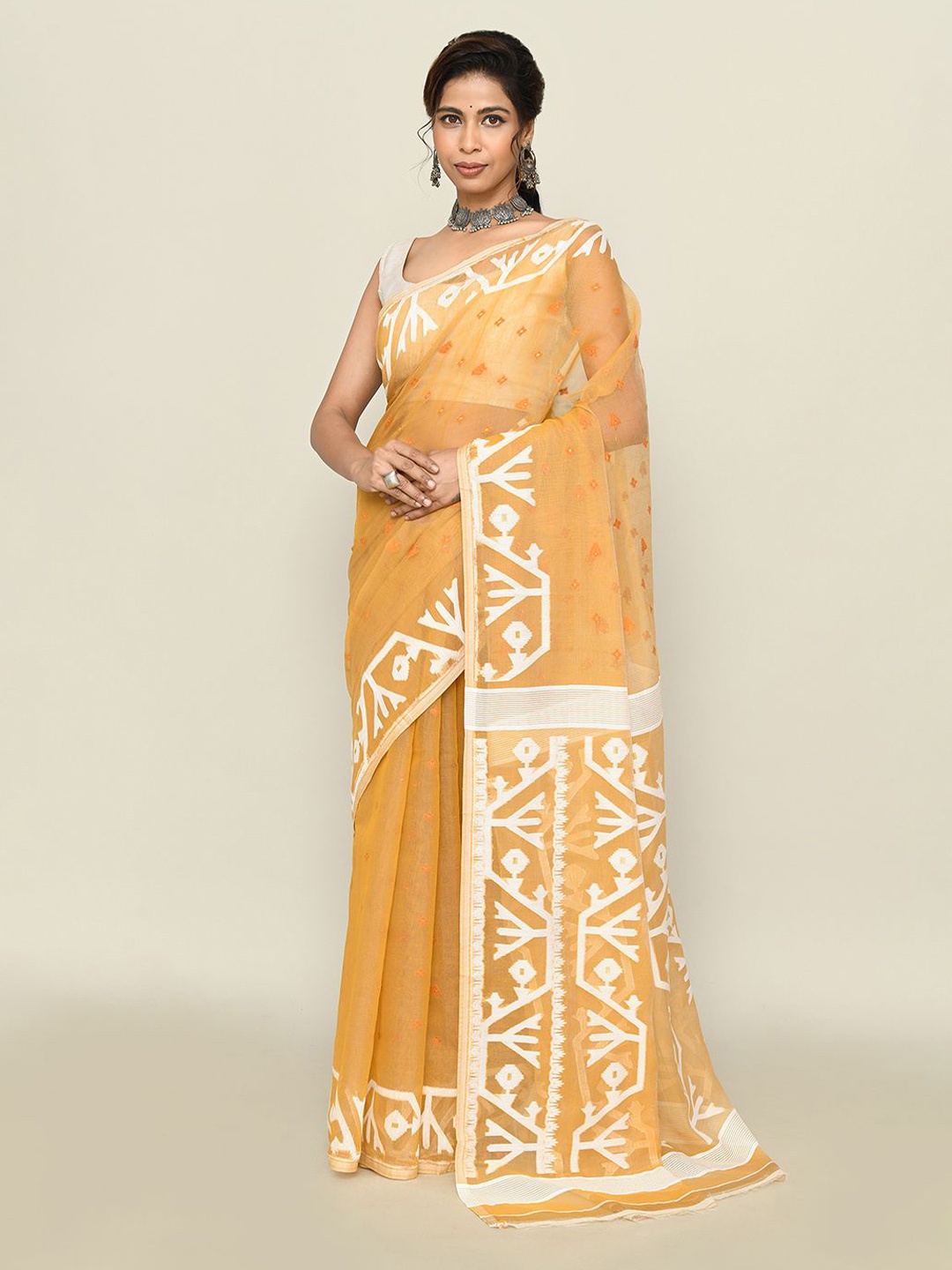 

SPRISH Ethnic Motifs Printed Pure Cotton Jamdani Saree, Yellow