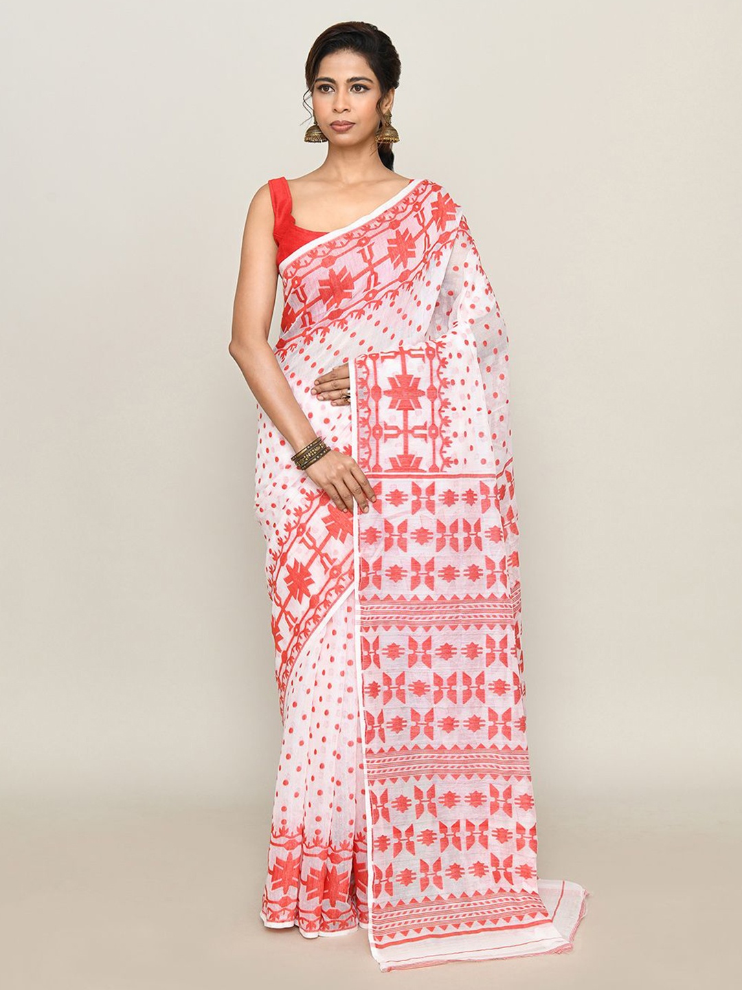 

SPRISH Ethnic Motifs Printed Pure Cotton Jamdani Saree, White