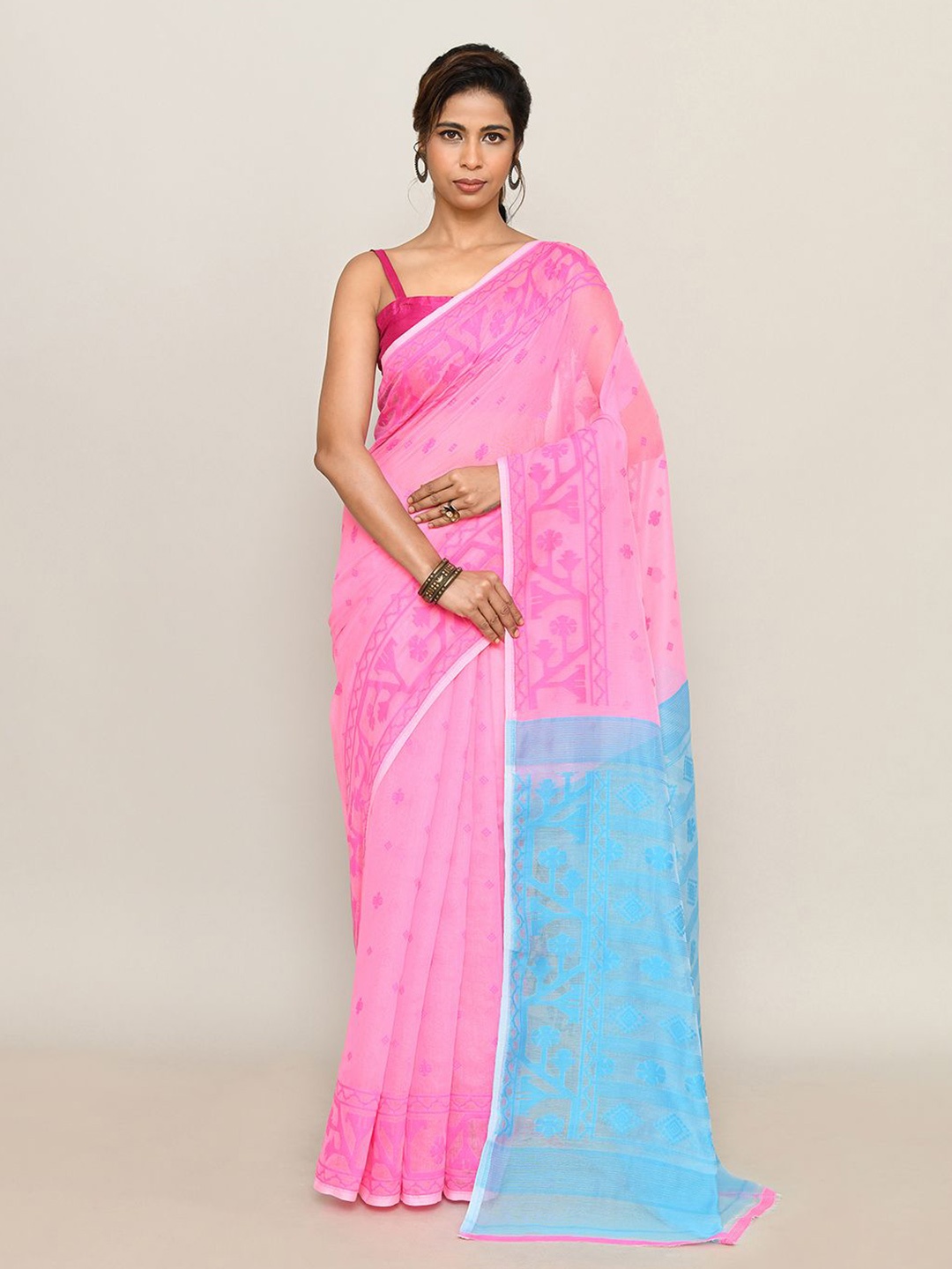 

SPRISH Ethnic Motifs Printed Pure Cotton Jamdani Saree, Pink