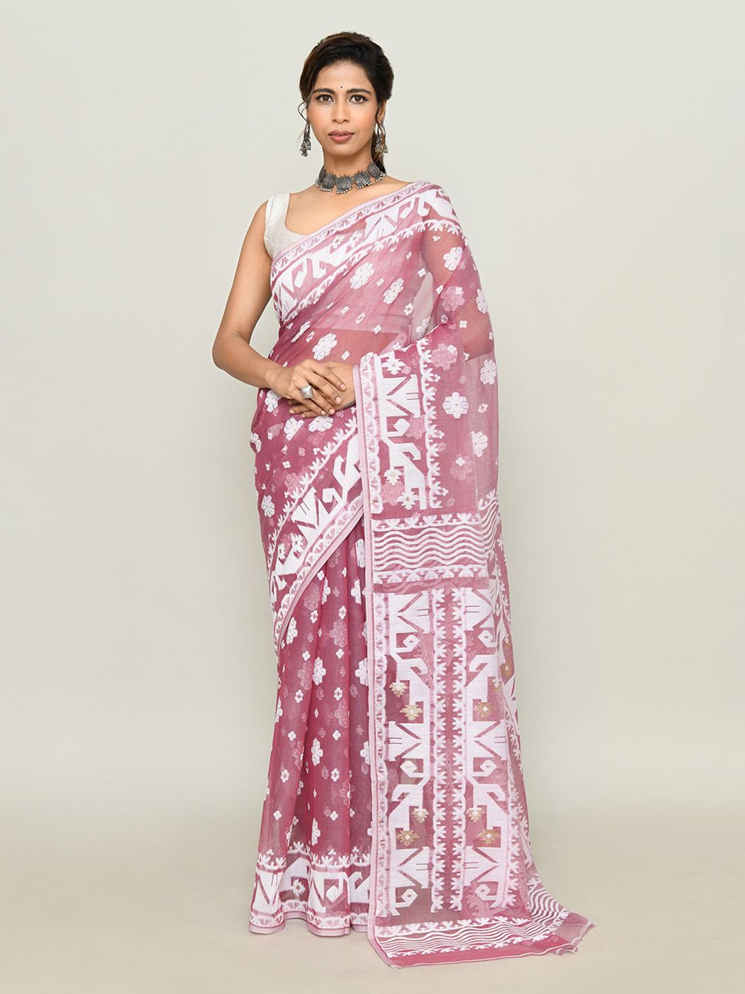 

SPRISH Ethnic Motifs Printed Pure Cotton Jamdani Saree, Pink