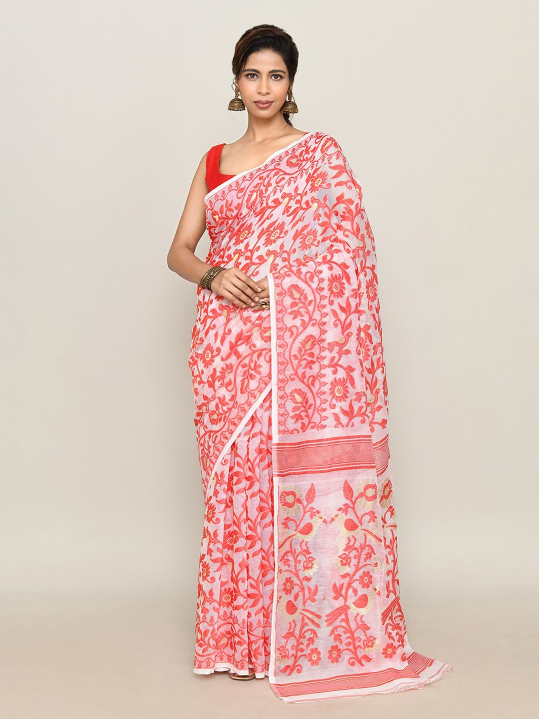 

SPRISH Women Floral Pure Cotton Jamdani Saree, White