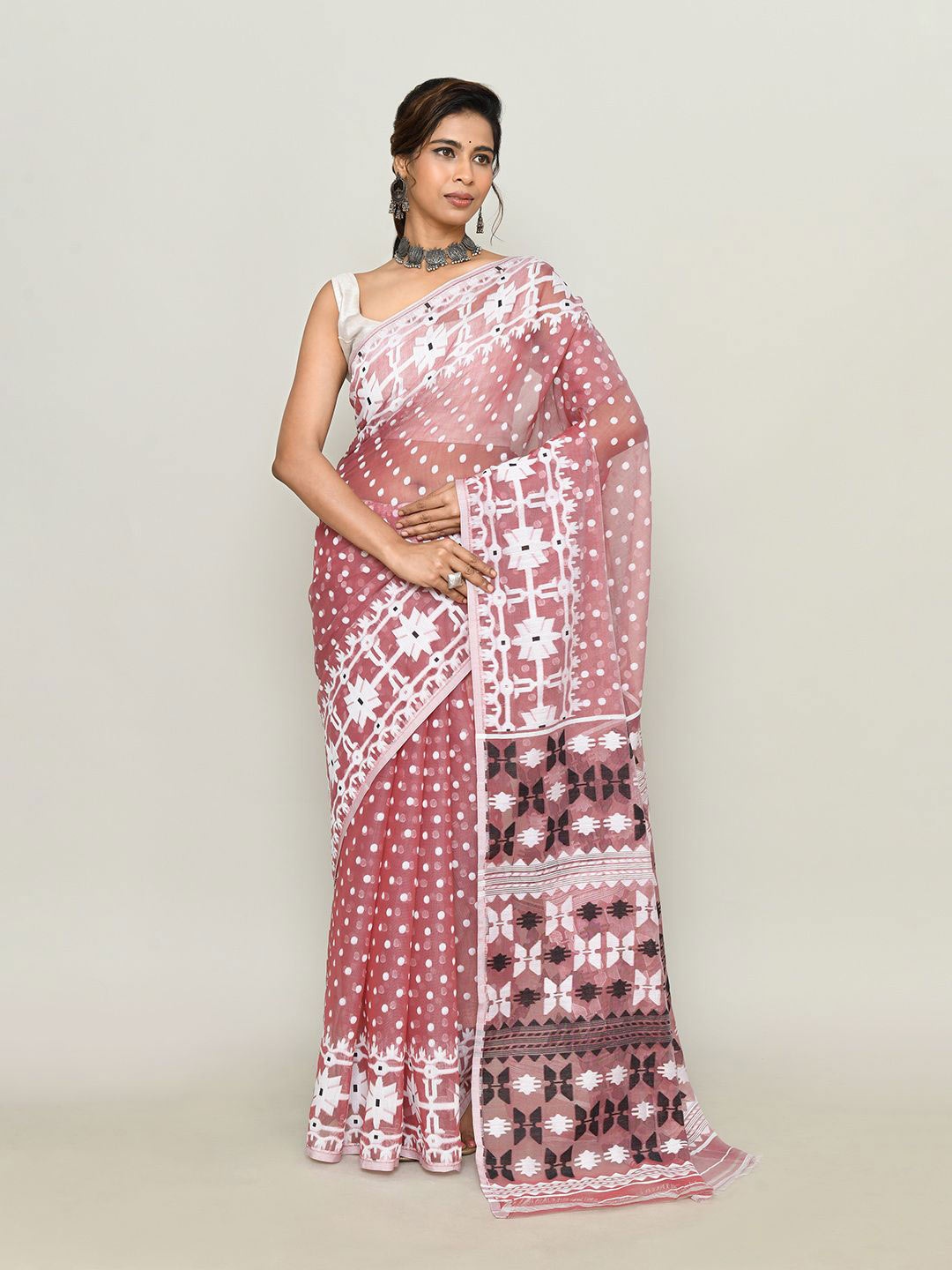 

SPRISH Ethnic Motifs Printed Pure Cotton Jamdani Saree, Peach