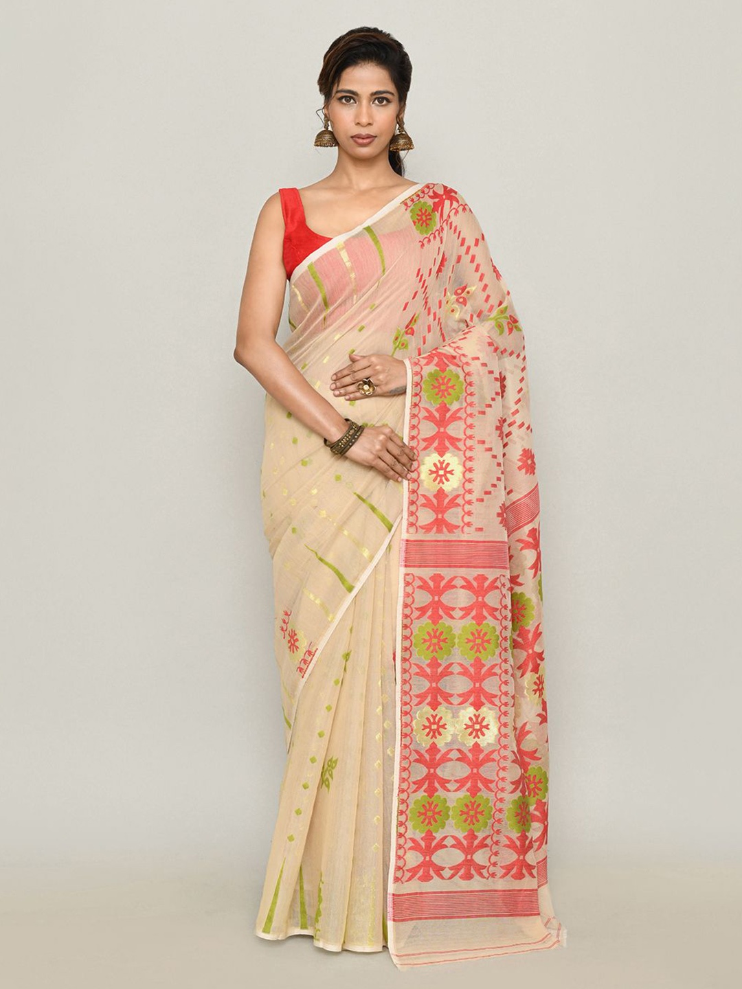 

SPRISH Floral Printed Pure Cotton Jamdani Saree, Beige