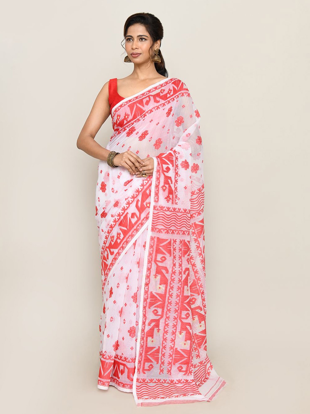 

SPRISH Ethnic Motifs Printed Pure Cotton Jamdani Saree, White