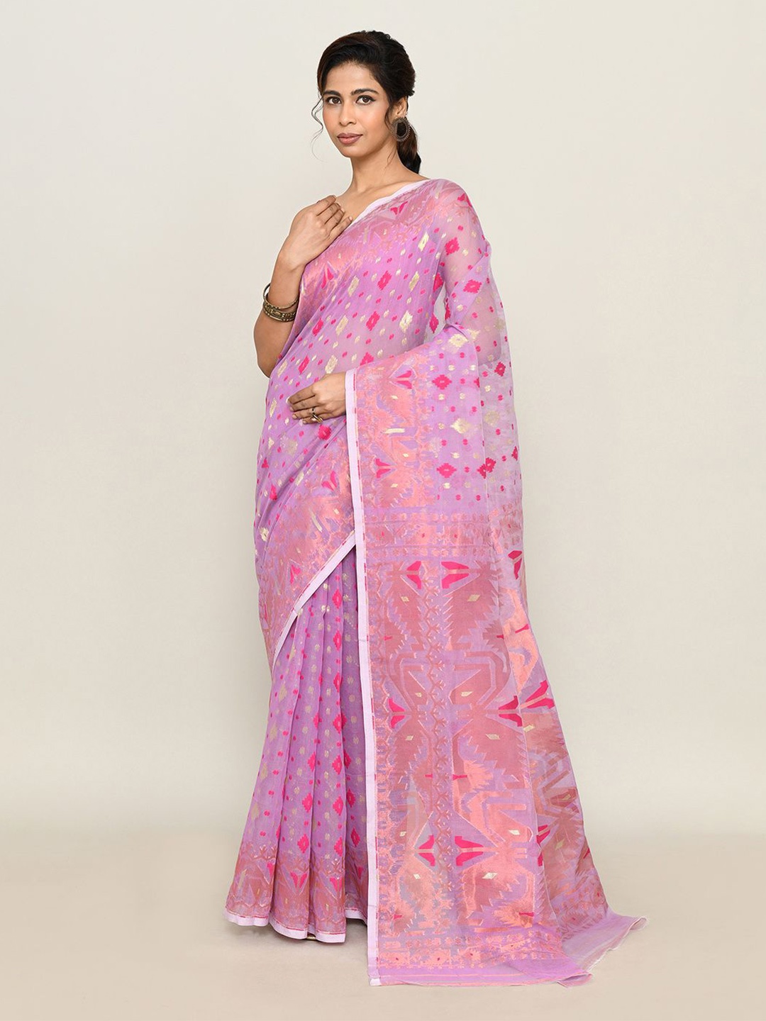 

SPRISH Ethnic Motifs Pure Cotton Jamdani Saree, Mauve