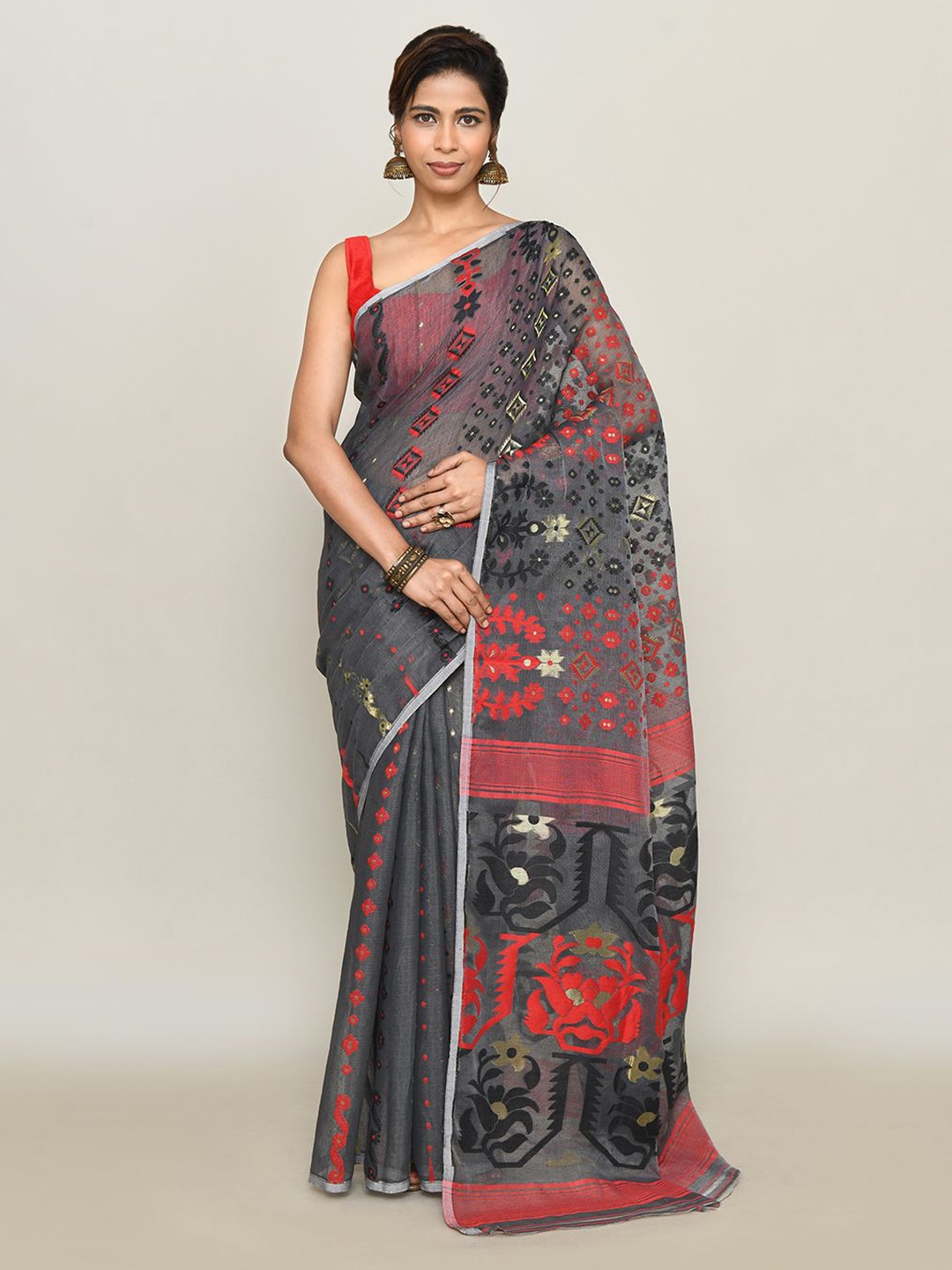 

SPRISH Ethnic Motifs Printed Pure Cotton Jamdani Saree, Grey