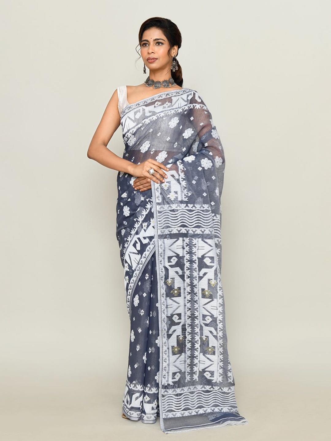 

SPRISH Ethnic Motifs Printed Pure Cotton Jamdani Saree, Grey