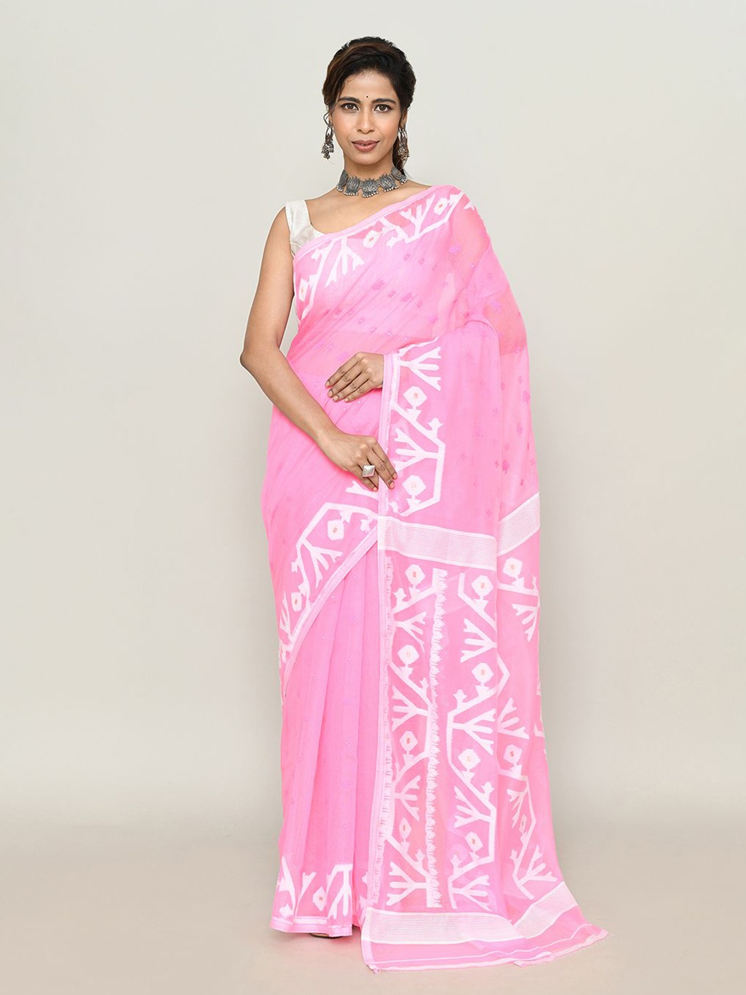 

SPRISH Ethnic Motifs Printed Pure Cotton Jamdani Saree, Pink