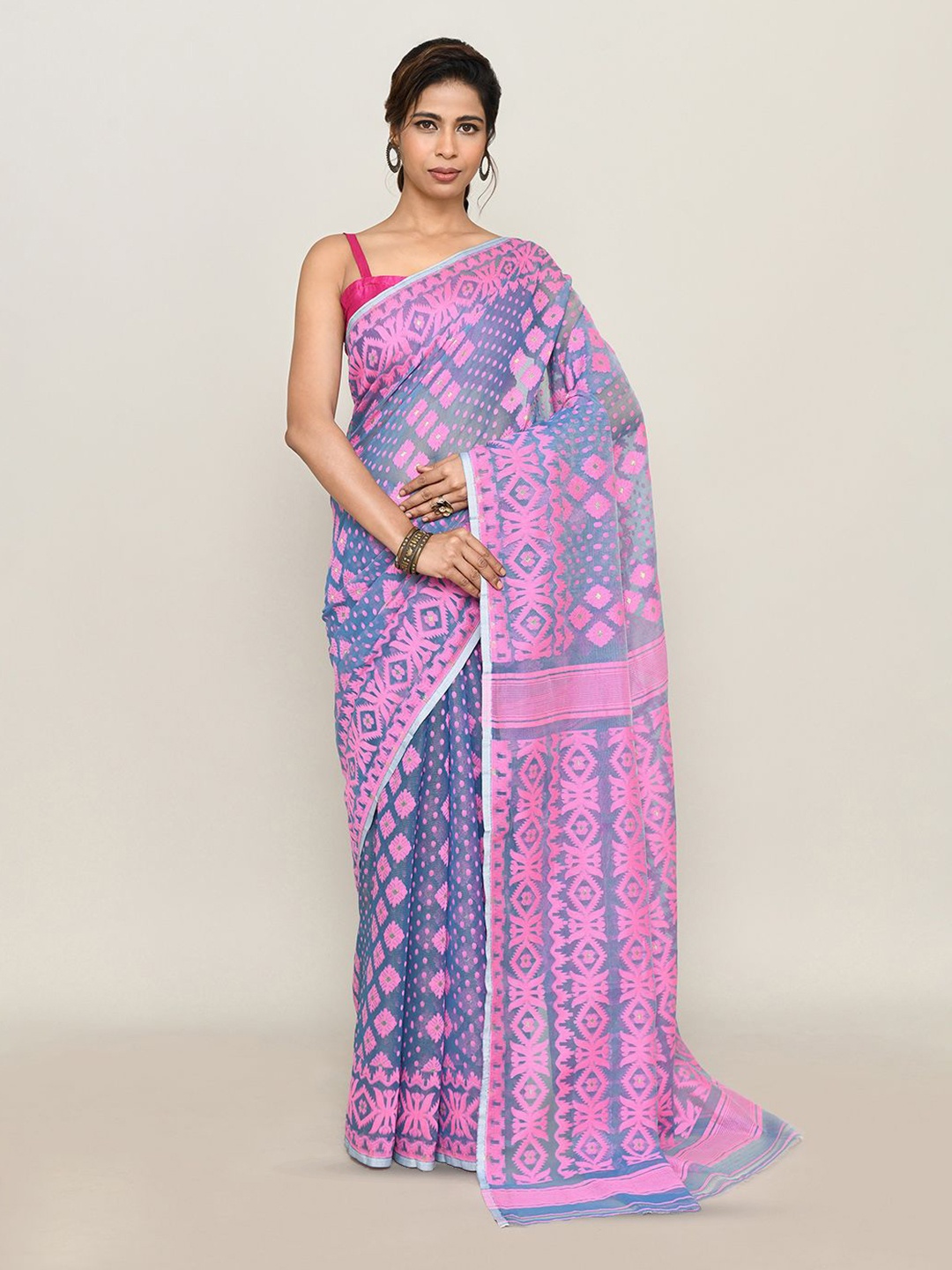

SPRISH Floral Pure Cotton Jamdani Saree, Purple