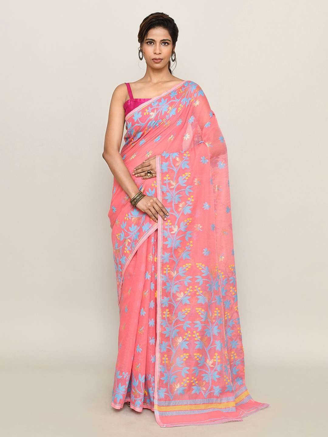 

SPRISH Women Floral Pure Cotton Jamdani Saree, Peach