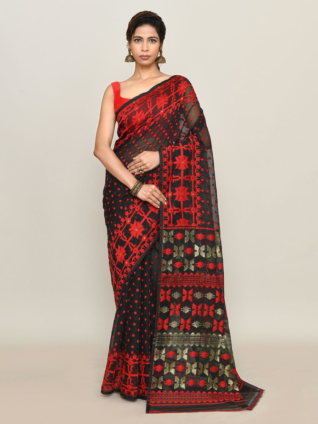

SPRISH Woven Design Zari Pure Cotton Jamdani Saree, Black