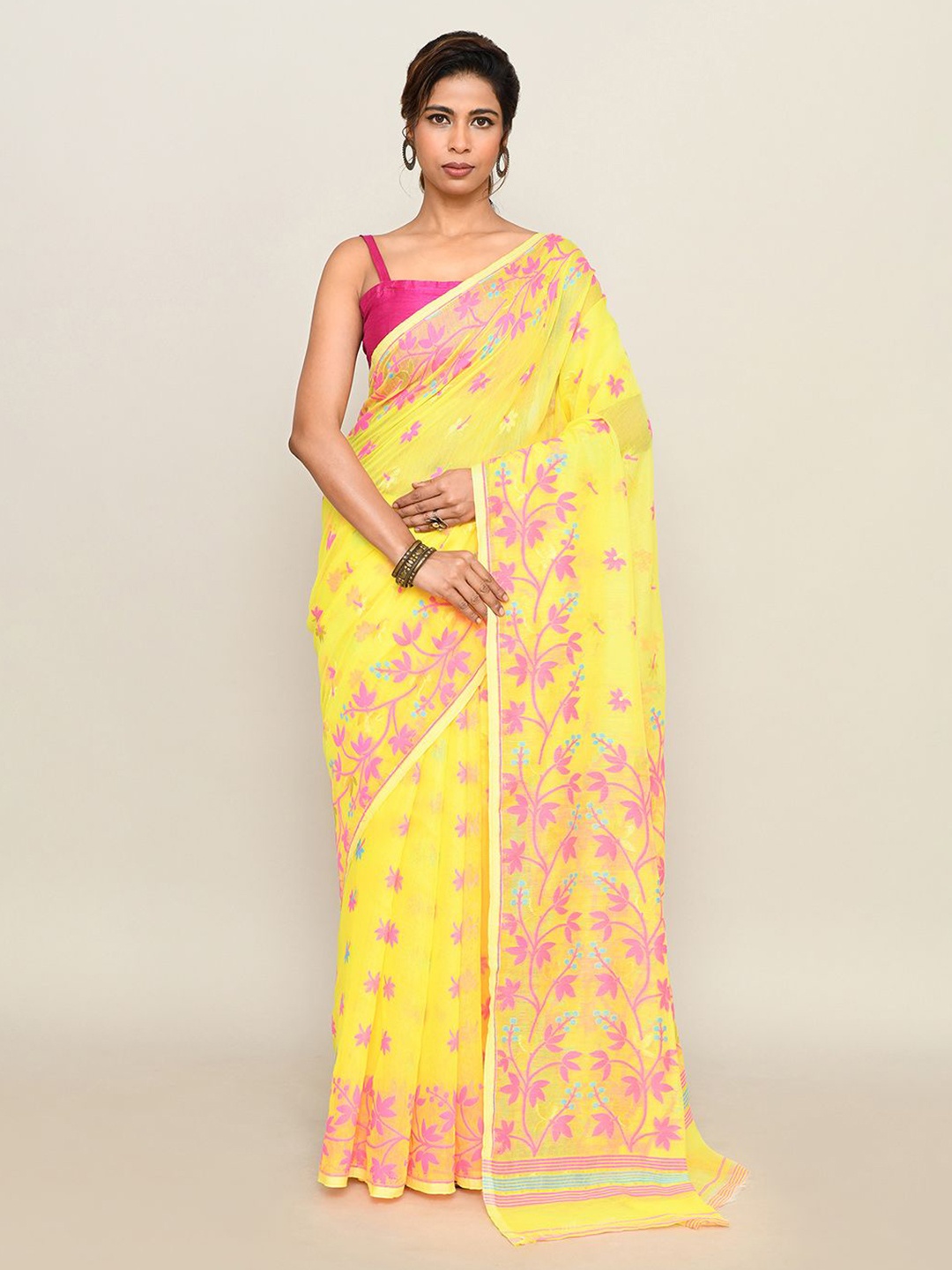 

SPRISH Ethnic Motifs Pure Cotton Jamdani Saree, Yellow