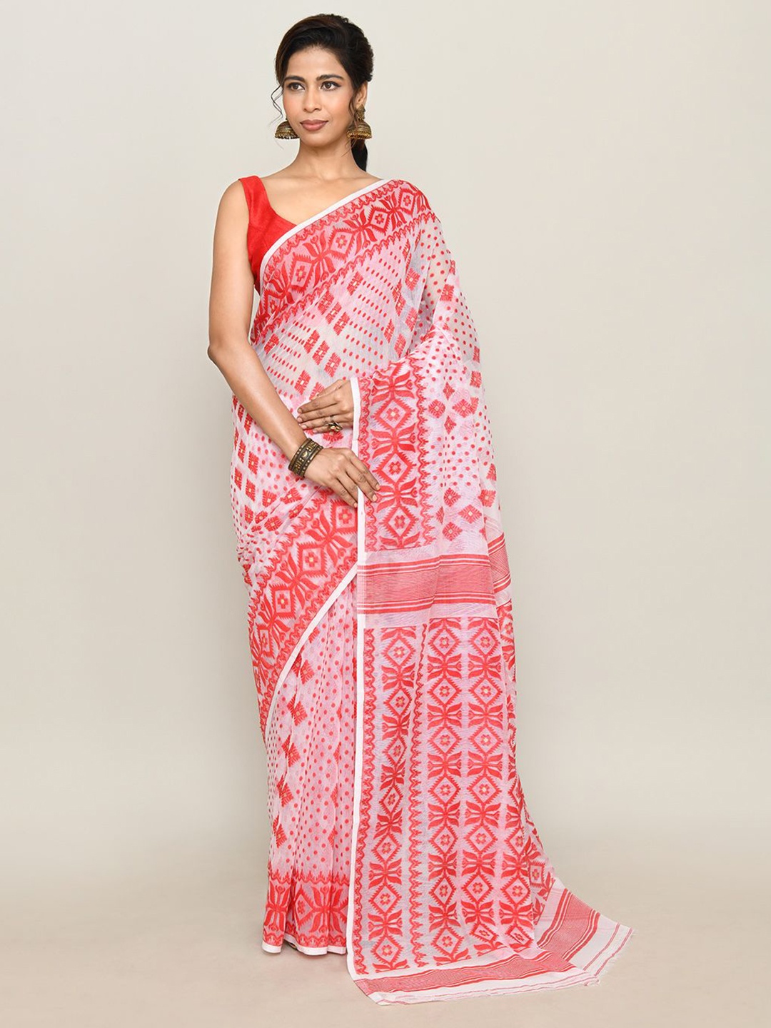 

SPRISH Woven Design Pure Cotton Jamdani Saree, Red