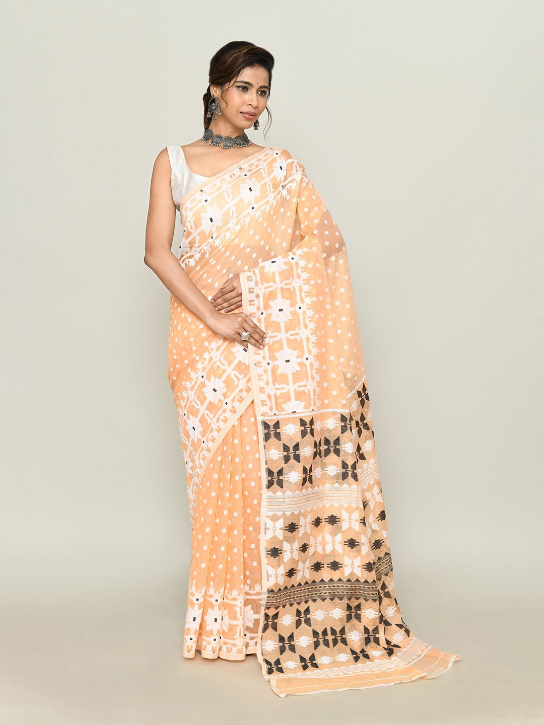 

SPRISH Ethnic Motifs Pure Cotton Jamdani Saree, Orange