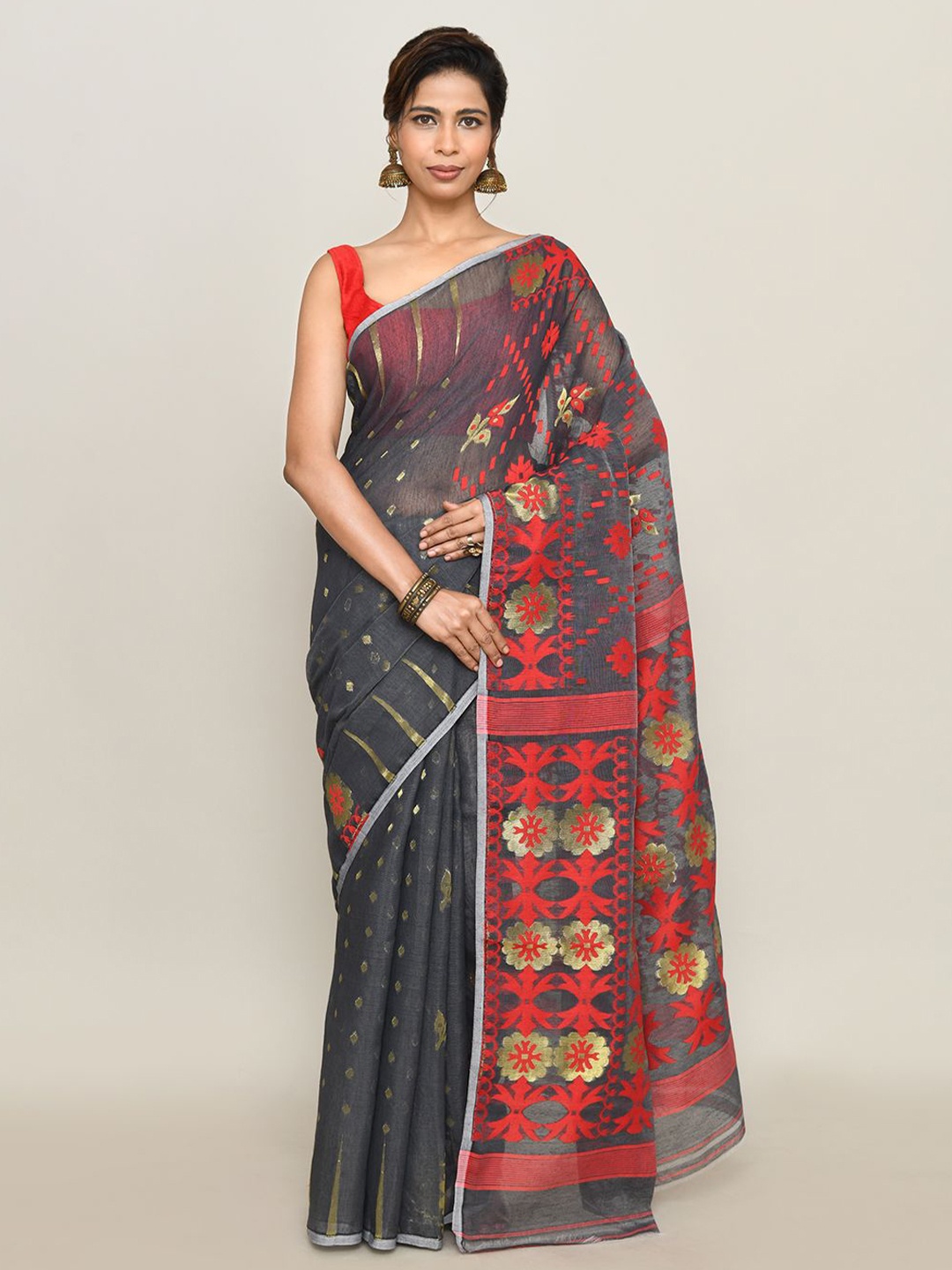 

SPRISH Ethnic Motifs Pure Cotton Jamdani Saree, Grey melange