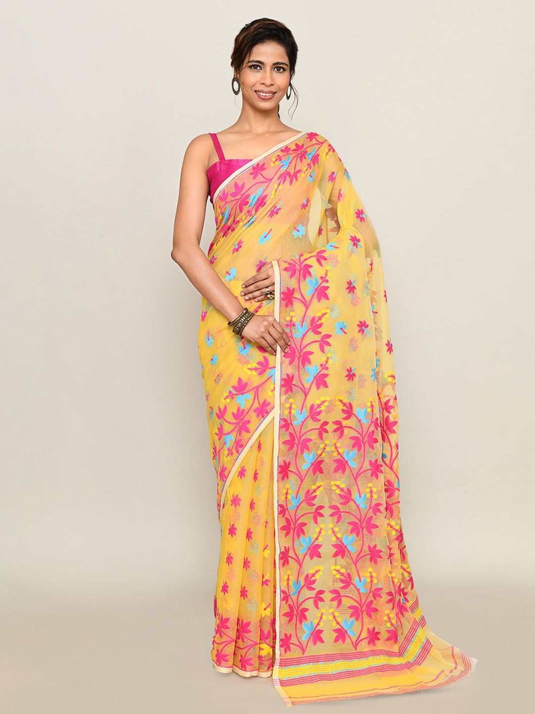 

SPRISH Woven Design Pure Cotton Jamdani Saree, Yellow