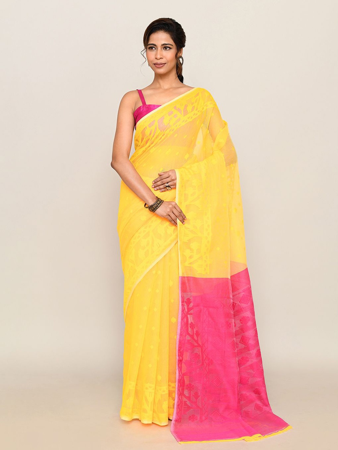 

SPRISH Ethnic Motifs Printed Pure Cotton Jamdani Saree, Yellow