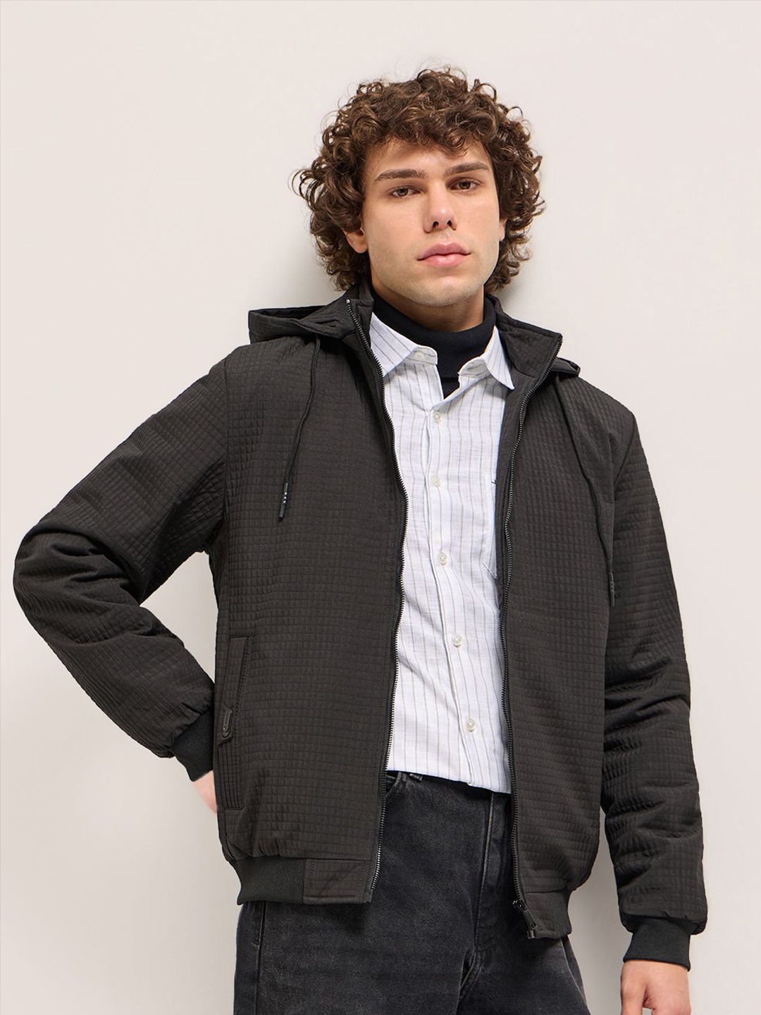 

THE BEAR HOUSE Men Hooded Self Design Casual Bomber Jacket, Black
