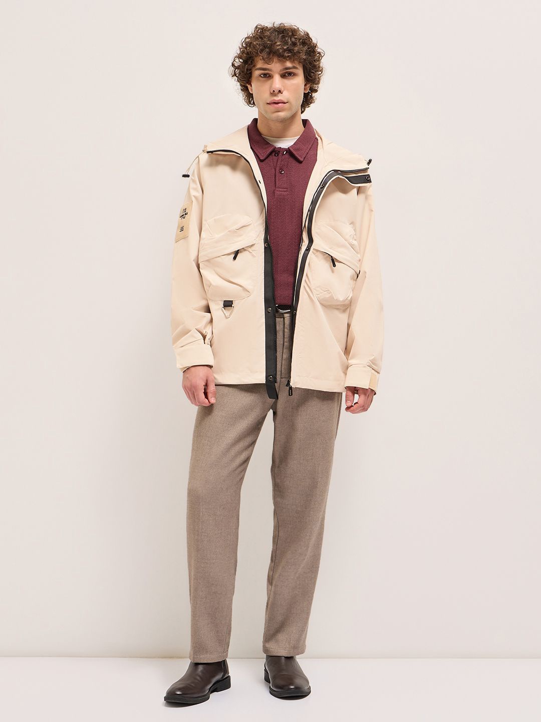 

THE BEAR HOUSE Men Hooded Solid Casual Tailored Jacket, Beige