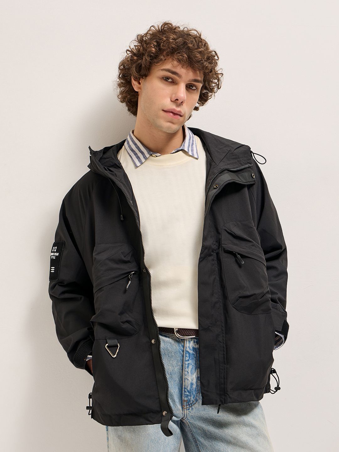 

THE BEAR HOUSE Men Hooded Solid Casual Tailored Jacket, Black