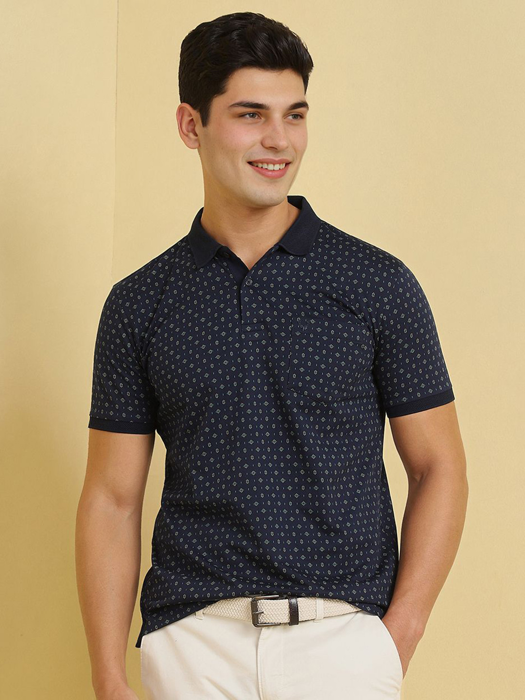 

Allen Solly Men Geometric Printed Polo Collar Cotton T-shirt, Navy blue