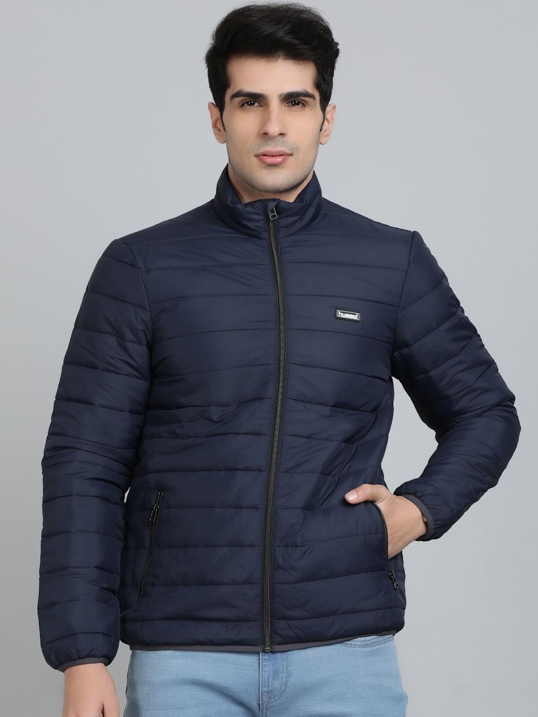 

hummel Men Mock Collar Solid Casual Puffer Jacket, Navy blue