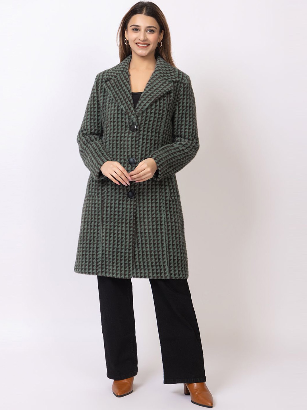 

Winter Wonders Women Self Designed Wool Notched Lapel Overcoat, Green