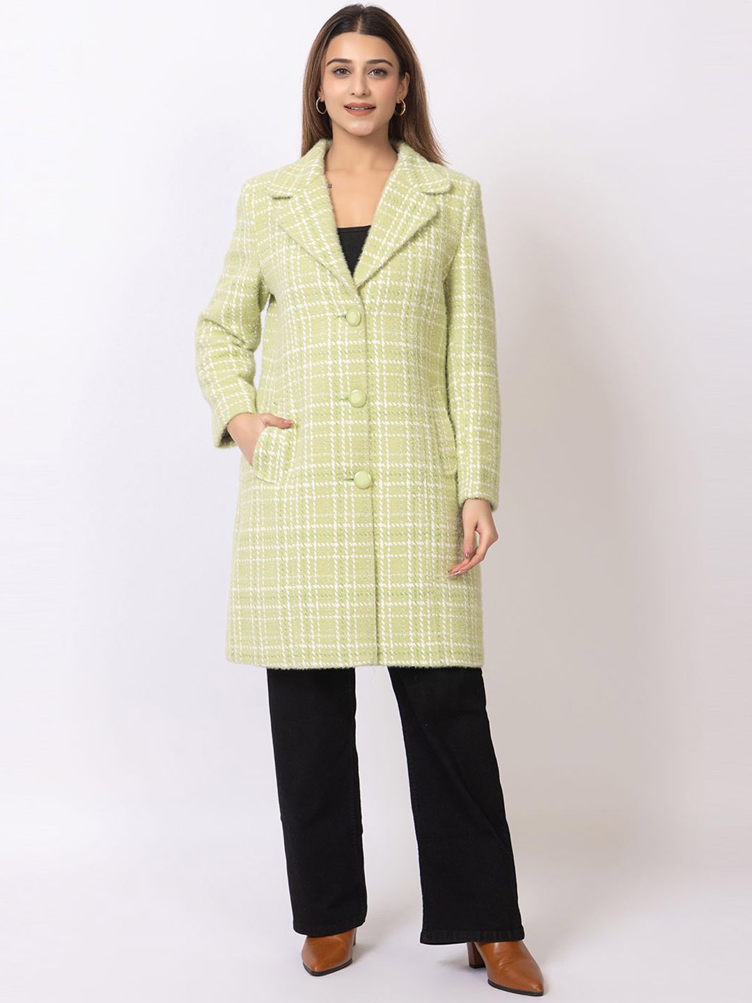 

Winter Wonders Women Notched Lapel Single-Breasted Long Coat, Green