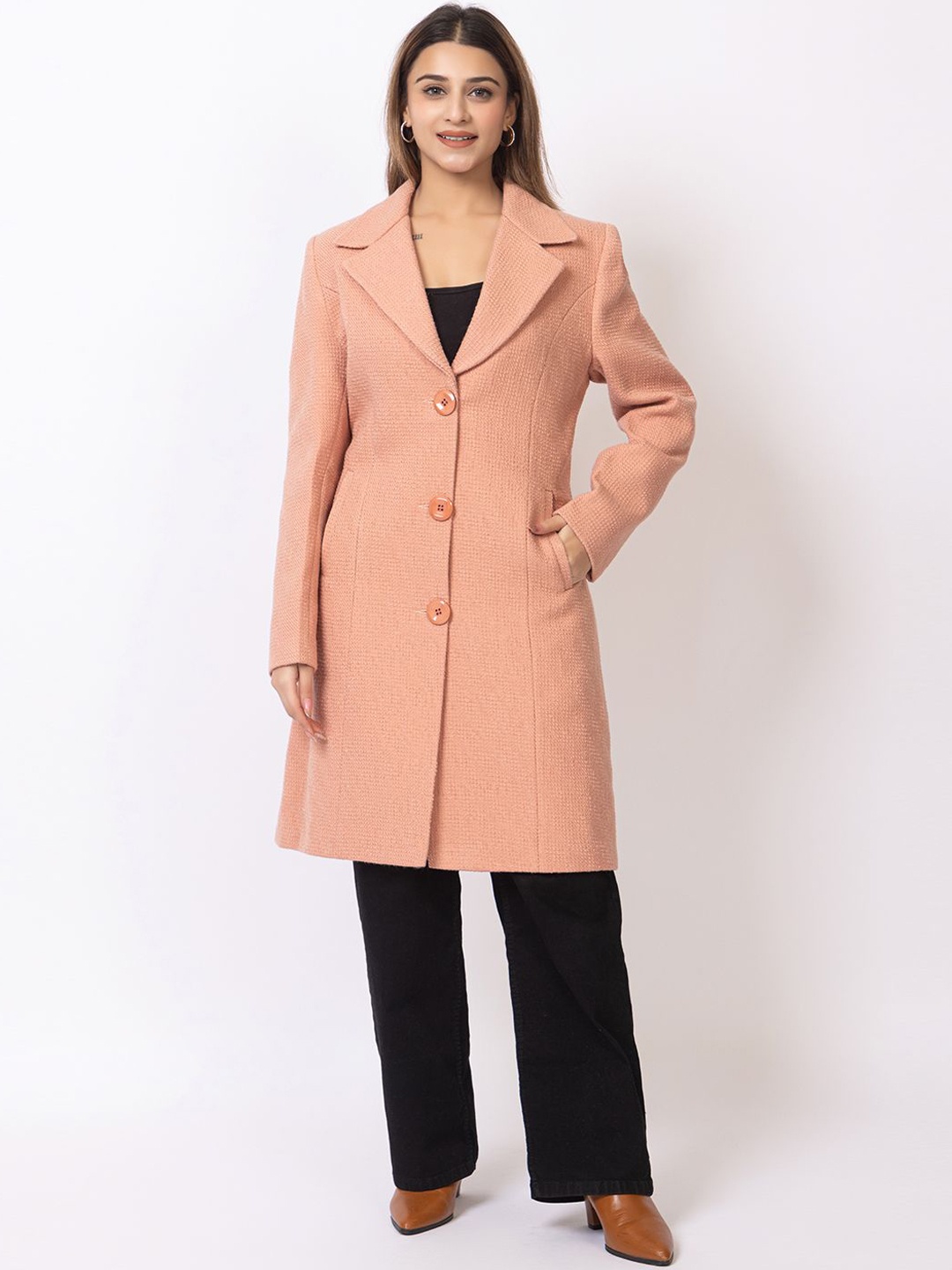 

Winter Wonders Single-Breasted Woolen Long Overcoat, Pink