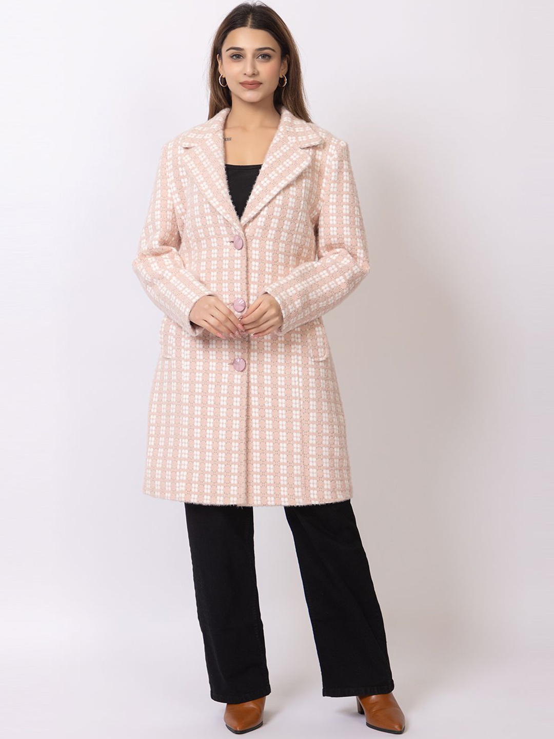 

Winter Wonders Women Self Design Notched Lapel Single-Breasted Trench Coat, Peach