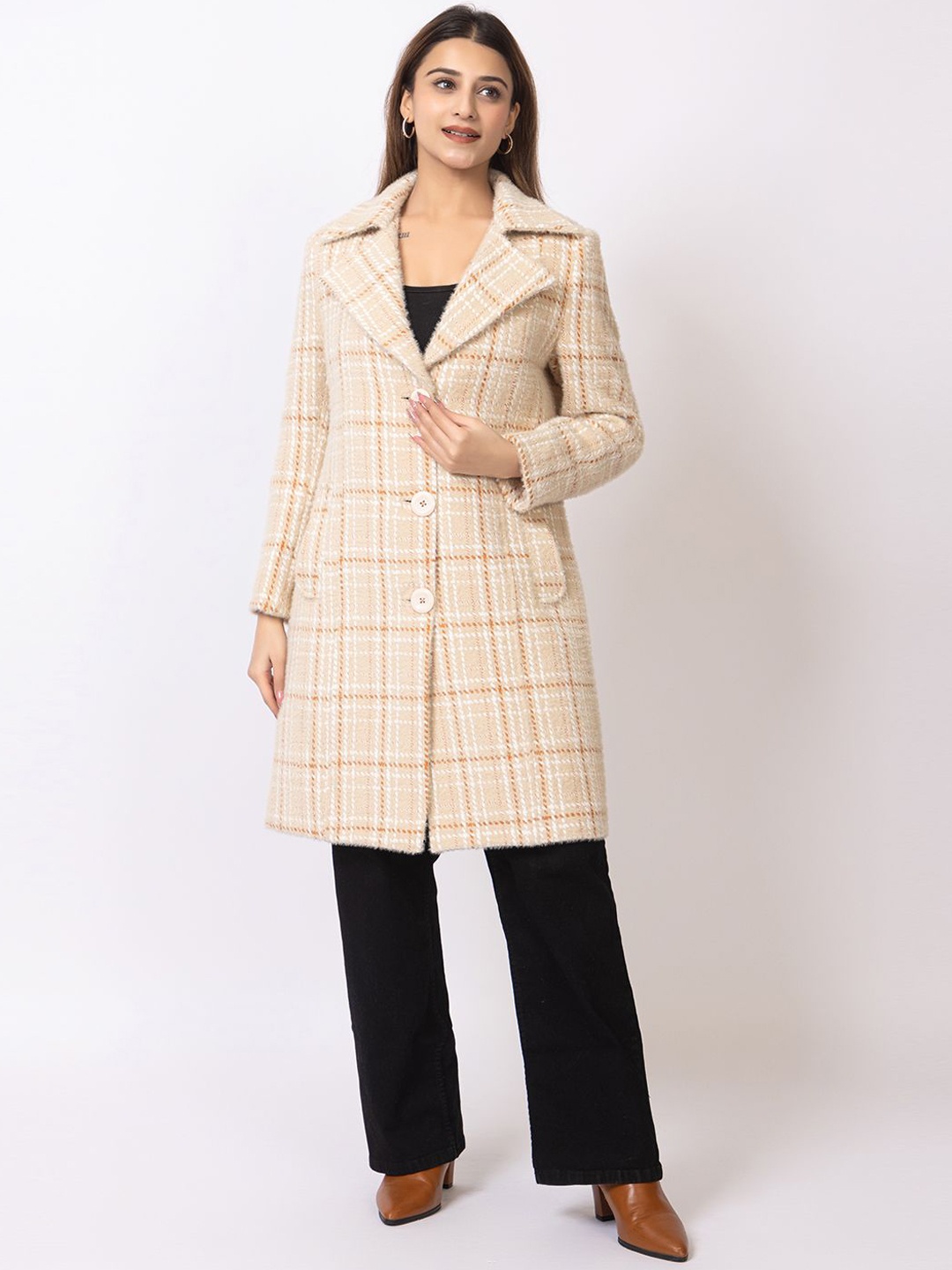 

Winter Wonders Women Checked Single-Breasted Overcoats, Beige